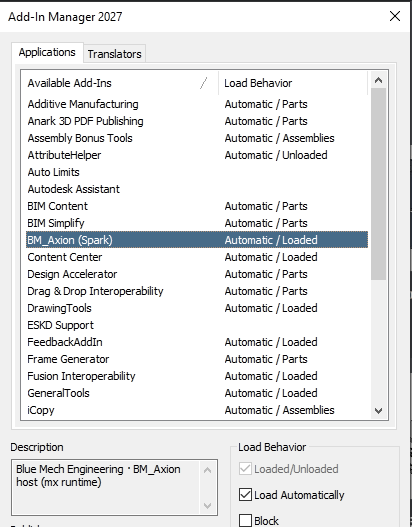 Inventor Add-In Manager showing Spark enabled on Inventor 2025 and later