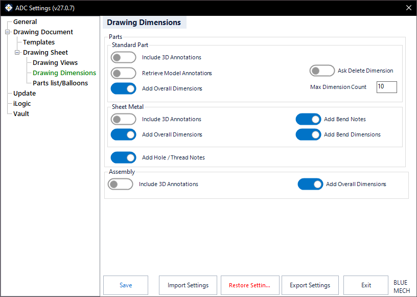 ADC Settings — Drawing Dimensions tab