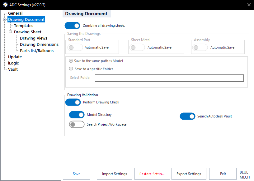 ADC Settings — Drawing Document tab