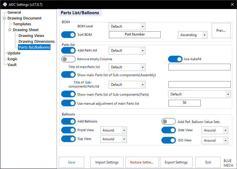ADC Settings — Parts List & Balloons tab