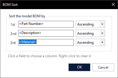 The BOM Sort dialog: three sort keys, each with a column and a direction