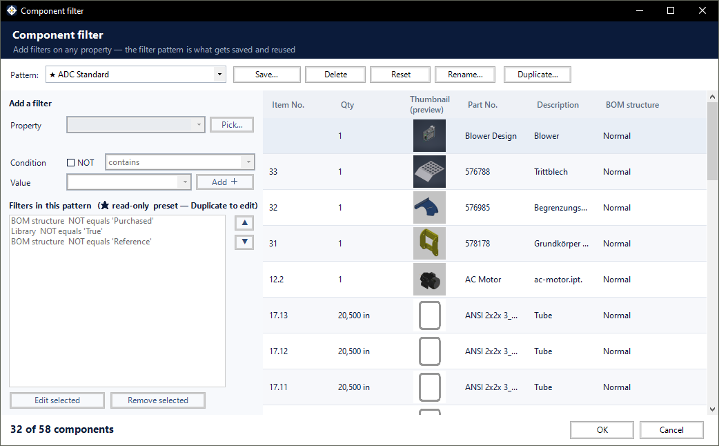 The Component filter dialog: pattern list, filter builder and live preview