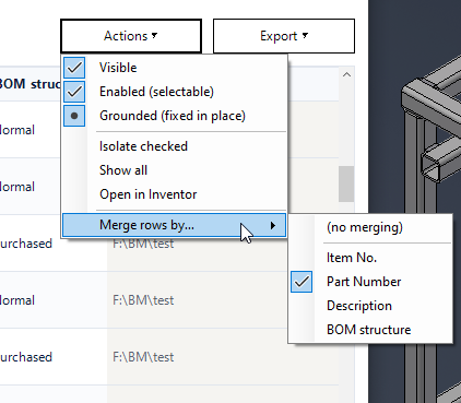 The Axcast Actions menu with visibility, isolate and open options, and the Merge rows by submenu