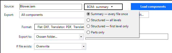 The Axcast BOM level menu: Summary, Structured all levels, Structured first level only, Parts only
