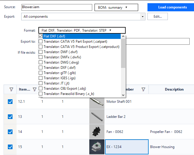 The Axcast format list read live from the translators installed in Autodesk Inventor, including STEP, IGES, JT, Parasolid, DWG, DXF and flat-pattern DXF