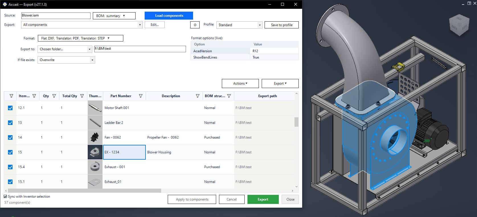 The Axcast export window in Autodesk Inventor, listing 57 components of an assembly with thumbnails, part numbers and export paths