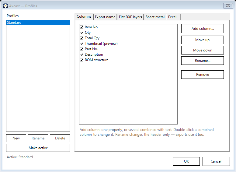 The Columns tab of the Axcast Settings dialog, with the profile list on the left.