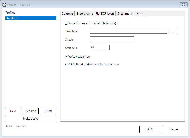 The Excel tab: write the component list into your own template at a chosen start cell.