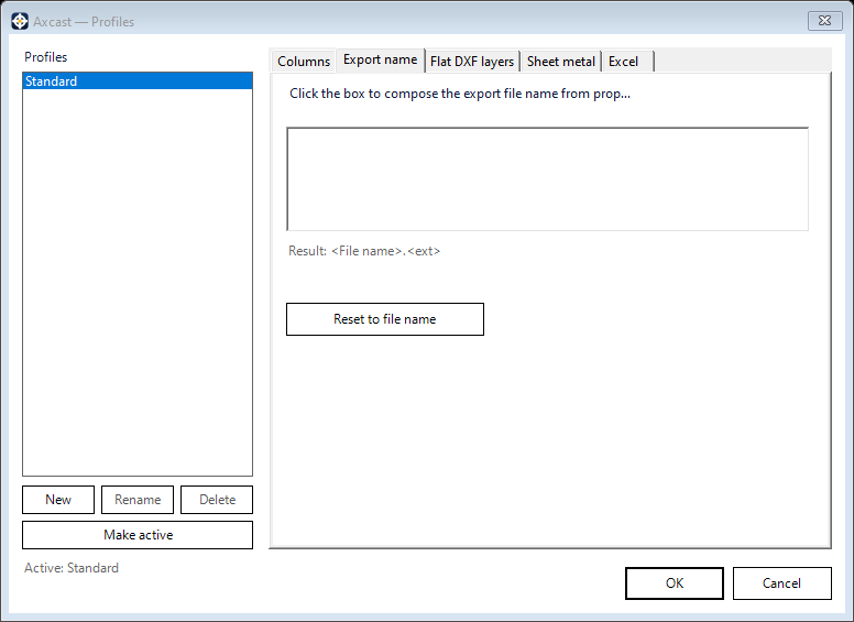 The Export name tab, showing the name pattern and its live preview.