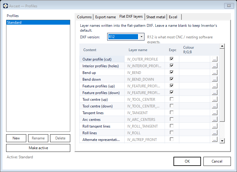 The Flat DXF layers tab: DXF version and the per-geometry layer table.