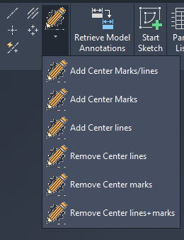 Drawing Assistant — center marks and center lines drop-down