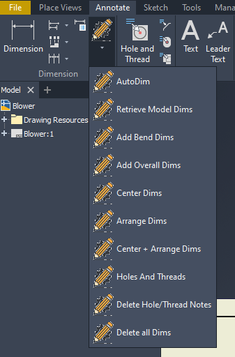 Drawing Assistant — Dimensions drop-down