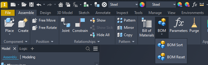 The Model Assistant BOM menu next to the Bill of Materials command on the Autodesk Inventor Assemble tab, with BOM Sort and BOM Reset
