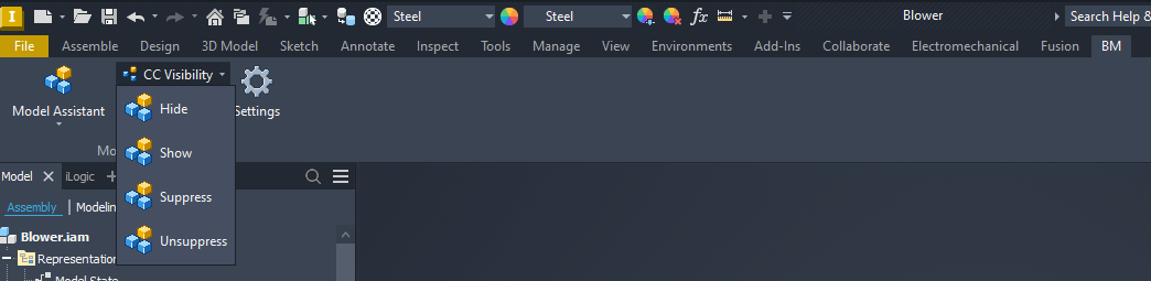 The CC Visibility menu of Model Assistant in an Autodesk Inventor assembly: Hide, Show, Suppress and Unsuppress