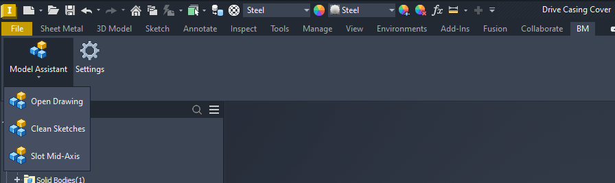 The Model Assistant menu on the BM tab of the Autodesk Inventor part ribbon: Open Drawing, Clean Sketches and Slot Mid-Axis
