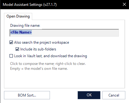 Model Assistant Settings, Open Drawing tab: drawing file name, project workspace and sub-folder search options