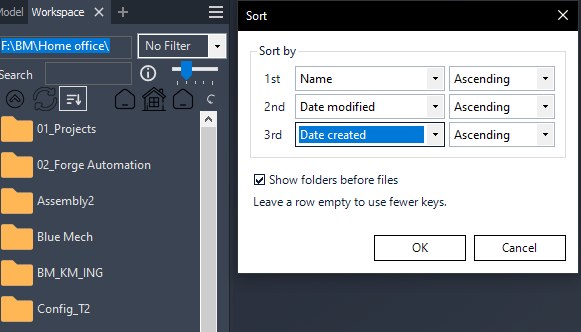 The Workspace sort dialog in Autodesk Inventor: first, second and third sort keys by name or date, each ascending or descending, with folders shown before files